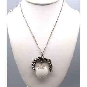 Vintage Lily Laurel Pendant with Dangling White Disc Bead, Silver Tone Chain